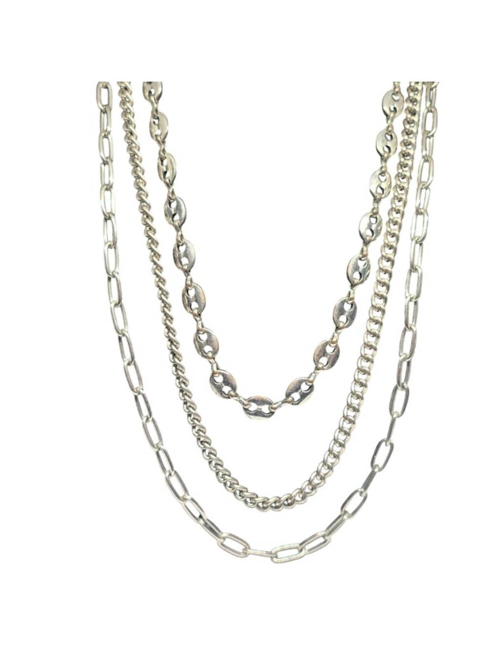 Multi Strand Silver Tone Layered Chain Necklace Paperclip Curb Link Adjustable - Picture 2 of 7